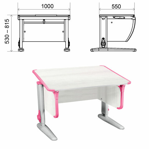 Стол-парта регулируемый "ДЭМИ" СУТ.43, 1000х550х530-815 мм, серый каркас, пластик розовый, рамух белый (КОМПЛЕКТ)
