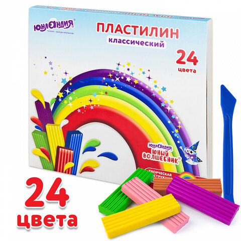 Пластилин классический ЮНЛАНДИЯ "ЮНЫЙ ВОЛШЕБНИК", 24 цвета, 480 г, СО СТЕКОМ, 106511