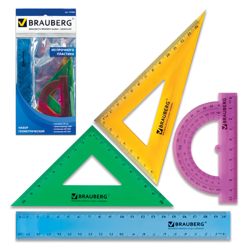 Набор чертежный средний BRAUBERG "Crystal" (линейка 20 см, 2 угольника, транспортир), цветной, 210296
