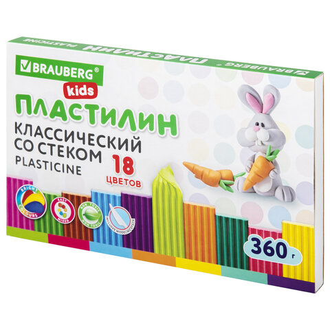 Пластилин классический BRAUBERG KIDS, 18 цветов, 360 г, со стеком, 106510