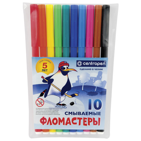 Фломастеры 10 ЦВЕТОВ CENTROPEN "Пингвины", смываемые, вентилируемый колпачок, 7790/10ET, 7 7790 1086