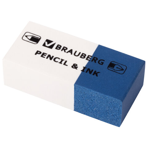 Ластик BRAUBERG "PENCIL & INK", 39х18х12 мм, для ручки и карандаша, бело-синий, 229578