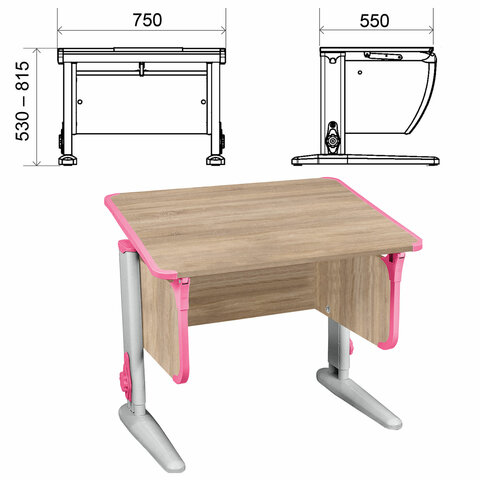 Стол-парта регулируемый "ДЭМИ" СУТ.41, 750х550х530-815 мм, серый каркас, пластик розовый, дуб сонома (КОМПЛЕКТ)