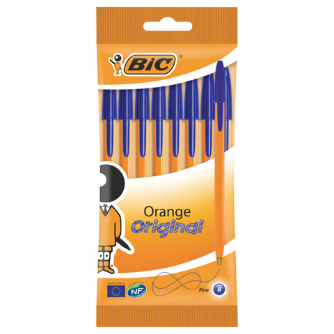 Ручки шариковые BIC "Orange Fine", НАБОР 8 шт., СИНИЕ, линия письма 0,32 мм, пакет, 919228