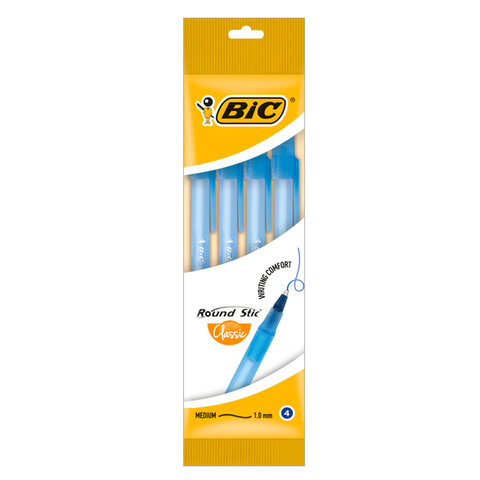 Ручки шариковые BIC "Round Stic", НАБОР 4 шт., СИНИЕ, узел 1 мм, линия письма 0,32 мм, пакет, 944176