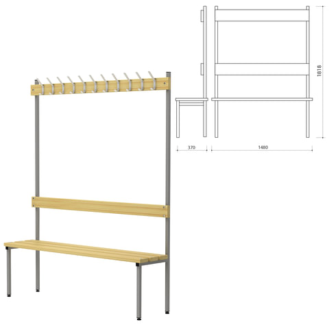 Скамья с вешалкой, спинкой П-091Д/1,5 (1818х1480х370 мм), 11 крючков, дерево, металлокаркас
